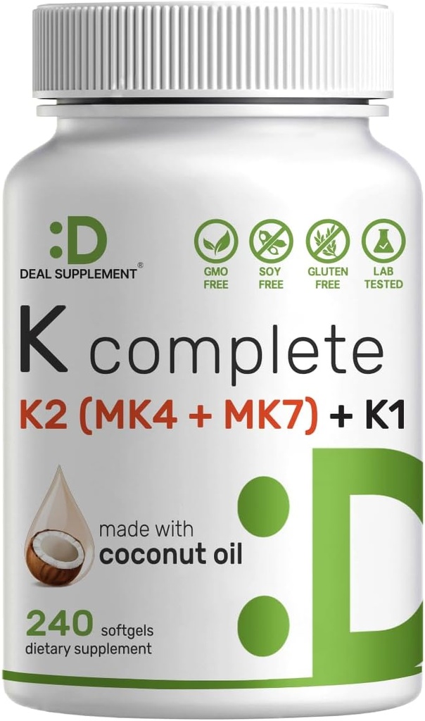 Deal Supplement Vitamin K Kompletní - 240 Coconut Oil Softgels CLAS124; High Potency Vitamin K2 (MK-7 a MK-4) & K1 CLAS124; Full Spectrum Triple Vitamin CLAS124; Kostní, kloubní a imunitní podpora - Non- GMO