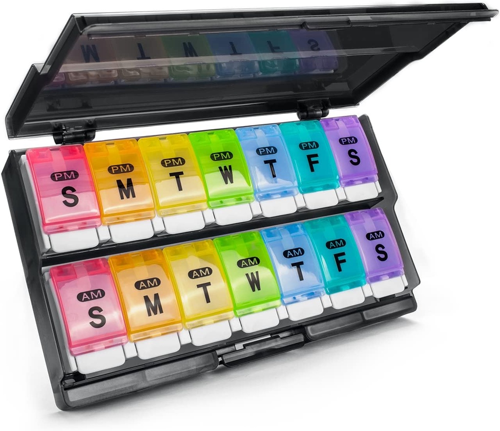 Extra Large Weekly Pill Organizátor 2 krát denně - Remease Am / Pm Daily Pill Case Medicine Organizátor, Push Button 7 Day Pill Box for Pills / Vitamin / Cod Jaterní olej / doplňky (Rainbow)