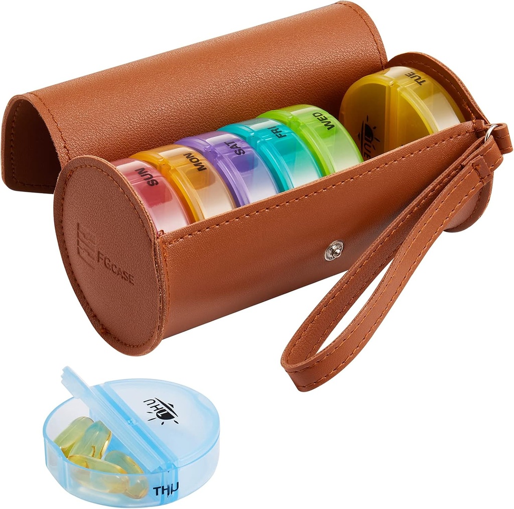 FGCase Týdenní pilulka Organizátor 2 krát denně Velké 7 den Rainbow Pill Box s hnědou PU kůže pouzdro přenosné cestovní medikace Kontejner AM PM Pill Box pro vitamíny, rybí oleje, medicína, doplňky