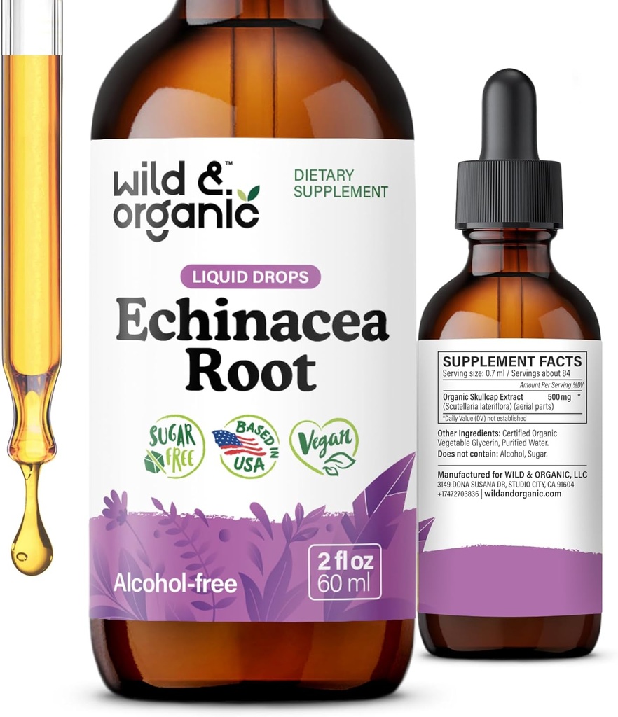 Wild & Organic Echinacea Tincture - Imunitate Support Drops with Liquid Echinacea Root Extract - Angustifolia doplňky - Vegan, Cukr & Alcohol- Free - 2 fl oz