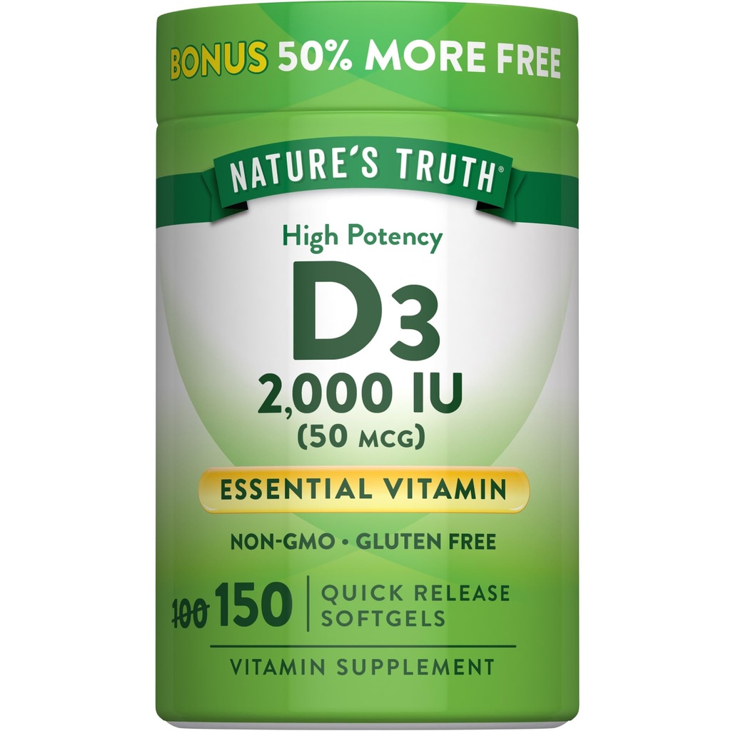 Nature 's Truth Vitamin D3 2000 IU ponožky pro dospělé 124; 150 Počet 124; High Potency CLANE124; Non- GMO a gluten zdarma dodatek