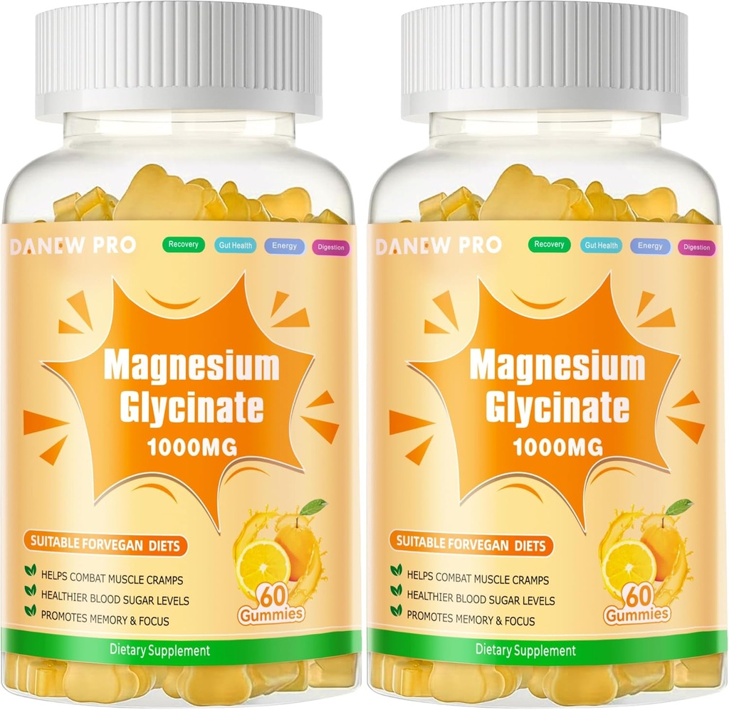 Glycinát hořečnatý Gummies 1000mg - Doplněk hořčíku bez cukru s vitaminem D, B6, CoQ10 pro klidnou náladu a podporu spánku - 120 pomerančové gumy
