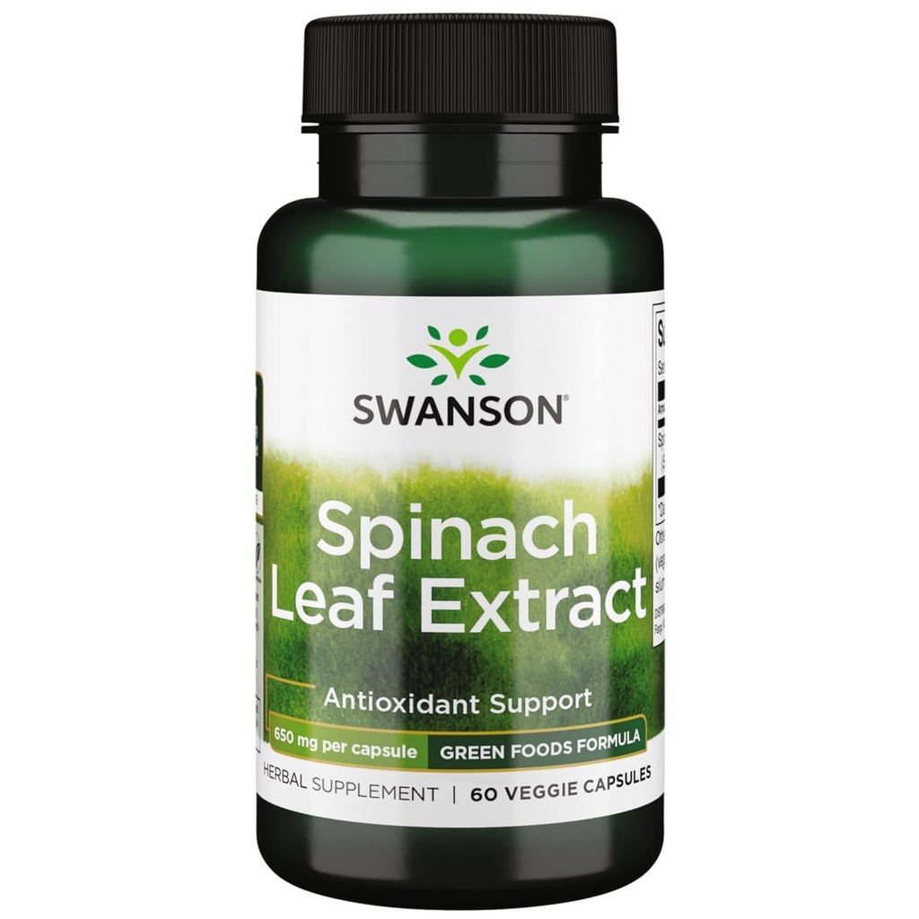 Swanson Spinach Leaf Extract - Bylinný dodatek k podpoře celkového zdraví - Zelené potraviny Formule w / zvýhodněné Thylakoids & Chlorofyl - (60 Veggie Kapsle, 650mg každý)