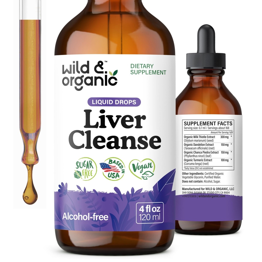 Wild & Organic Játra Cleanse Detox Tincture - Milk Thistle, Pampelion Root Herbal Complex - Liquid Játra Supplement - Vegan, Cukr & Alcohol- Free Milk Thistle Drops - 4 fl oz