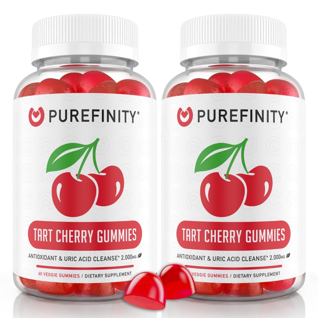 PUREFINITY Tart Třešňové gumy - Kyselina močová Flush pro společnou pomoc a obnovu, Surová šťáva extrakt antioxidant - Non- GMO, gluten zdarma, Vegan, 60 Počet (balení po 2)