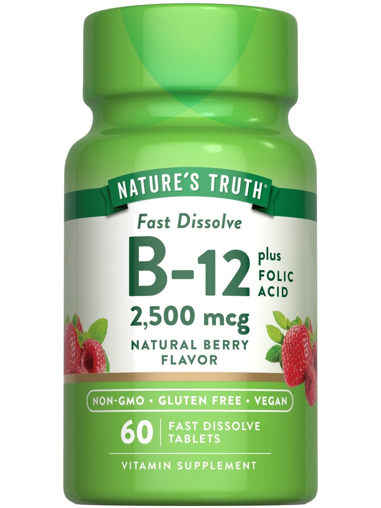 Nature 's Truth B12 Vitamin 124; 60 Fast Disolution Tablety 124; 2500 mcg Disperse 124; s kyselinou listovou 124; Vegan, Non- GMO & gluten zdarma