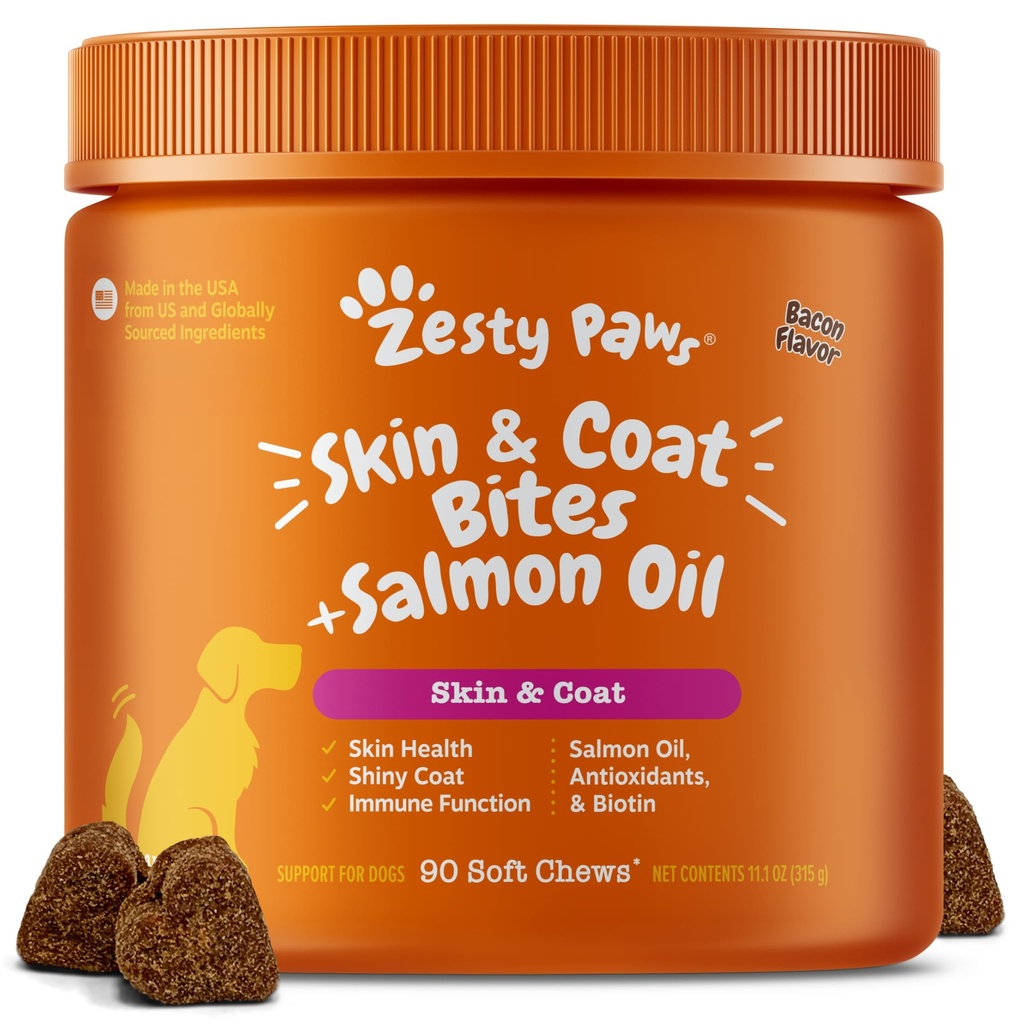 Zesty Paws Omega 3 Rybí olej pro psy - Zesty Paw Dog Vitamíny a doplňky pro Hip, Joint & Skin, Bacon (90 Žvýkání)