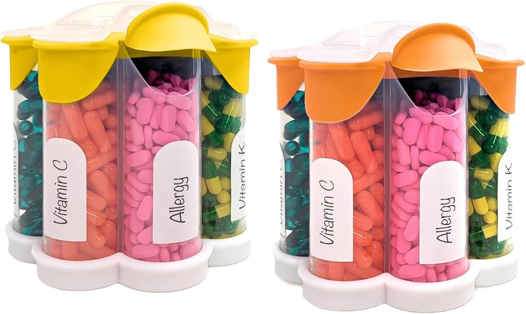Extra Velký Pořadatel pilulek Denní, Týdenní, Měsíční dodatek Lahvička, Cute Blossom Pill Dipenser se 7 XL Compartments (2 Pack Combo) (oranžová a žlutá)