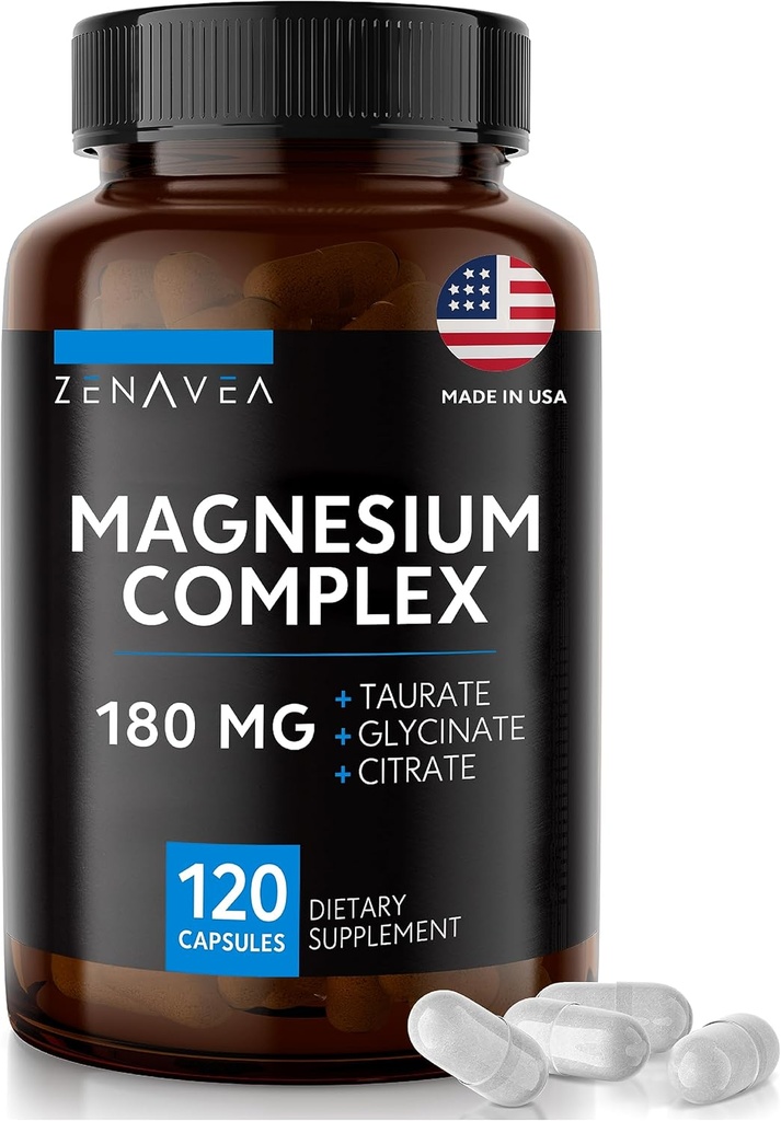 Triple Magnesium Complex Supplement (120 Vegan Capsules) - 180mg Glycinátu hořečnatého Taurát a Citrát - Komplexní doplňky hořčíku v klidu