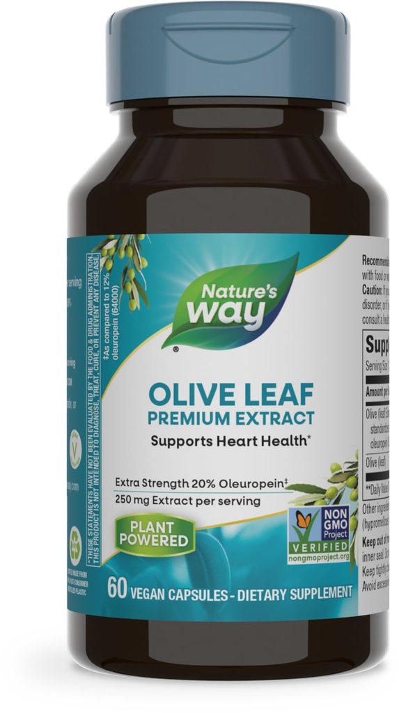 Nature 's Way Olive Leaf, Premium Extract, Supports Heart Health *, 20% Oleuropein, 250 mg na porci, Non- GMO projekt ověřen, 60 Vegan Kapsle (Balení květen Vary)