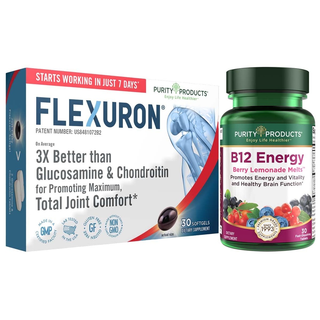 Produkty čistoty Flexuron Joint Formule + B-12 Energy Melt Flexuron (Krill Oil, Nízká molekulová hmotnost Hyaluronic Acid, Astaxanthin) - B12 Energy Melt (Methylkobalamin B12, Vitamin D3, Biotin + Více)