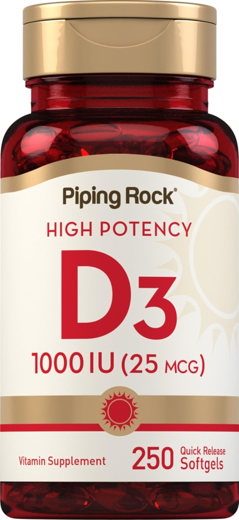 Piping Rock Vitamin D3 1000IU PHARMAN124; High Potency (25 mcg) PHARMAN124; 250 Softgels PHARMAN124; Non- GMO, gluten zdarma dodatek