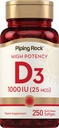 Piping Rock Vitamin D3 1000IU PHARMAN124; High Potency (25 mcg) PHARMAN124; 250 Softgels PHARMAN124; Non- GMO, gluten zdarma dodatek