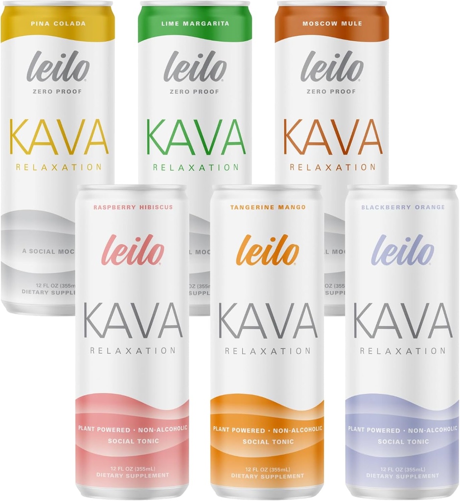 LEILO CLAS124; Kava Powered Sparkling Relaxation Drink CLAS124; Variety Sampler 6- Pack - Non- ALC Calming Bevage - zahrnuje (3) Classic & (3) Mocktail Flavors CLAS124; 12 fl oz Cans (Balení po 6)