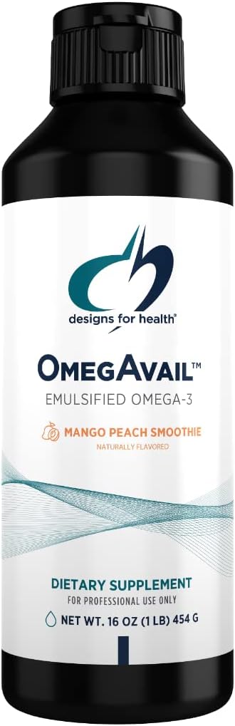 Designy pro zdraví Omegavail Smoothie - Omega 3 TG Triglycerid Fish Oil Emulsion s DHA + EPA - Liquid Supplementary + Brain Support, Mango Peach Flavor (43 Servings / 16oz)