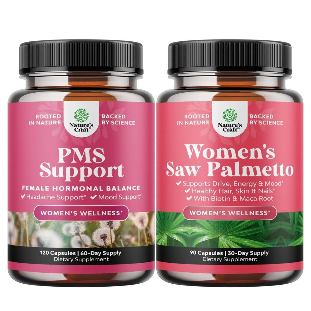 Bundle pokročilé PMS Support Dodatek pro nízkou energii Mood Support Period Křeče a nadýmání úlevy pro ženy a extra sílu Saw Palmetto pro ženy - DHT Blocker ztenčující vlasový vitamin