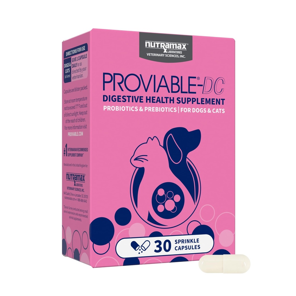 Nutramax Provible Probiotika pro psy a kočky, Denní doplněk stravy s více zákruty bakterií, Kočka a pes Probiotika Plus Prebiotika, 30 Kapsle