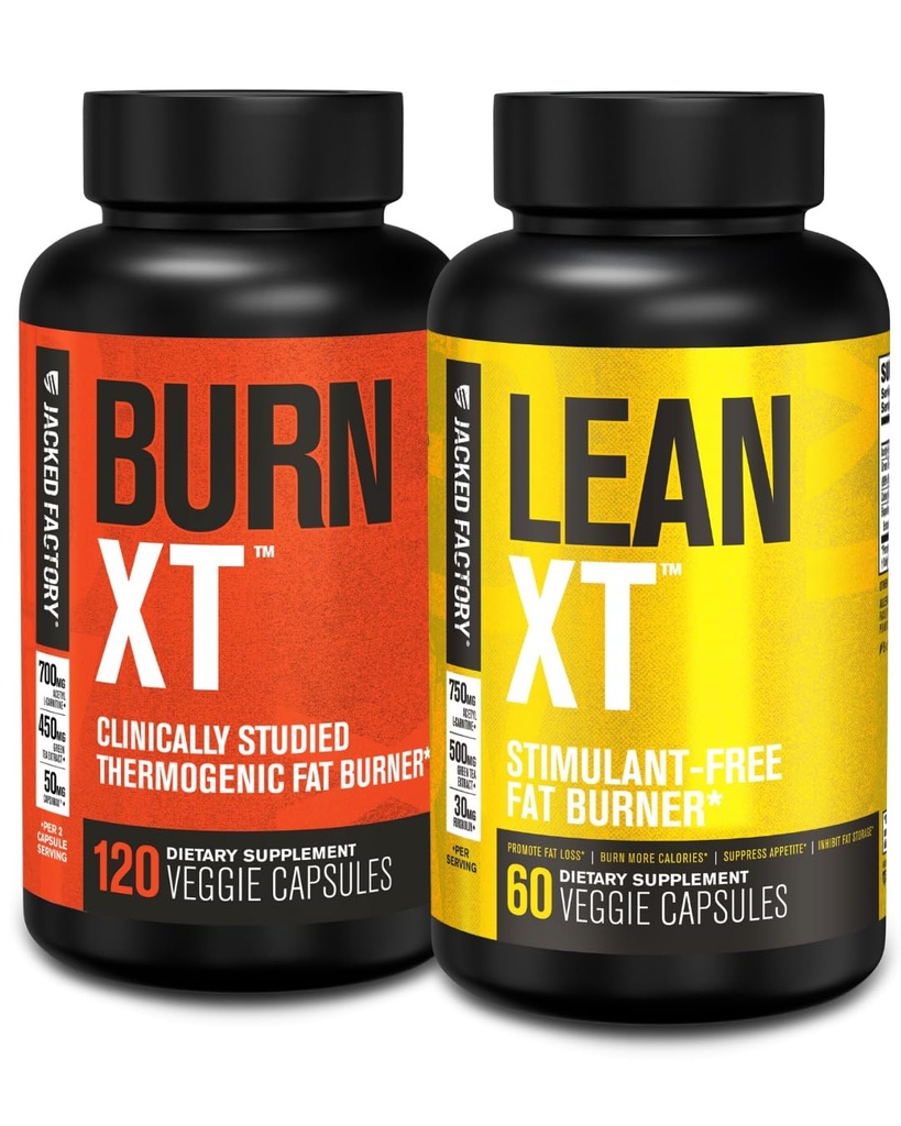 Jacked Factory Burn-XT Klinicky studovaný spalovač tuků a hubnutí dodatek - Appetite Suppressant & Energy Booster (120 Kapsle) & Lean-XT Caffeine-Free Fat Burner (60 Kapsle)