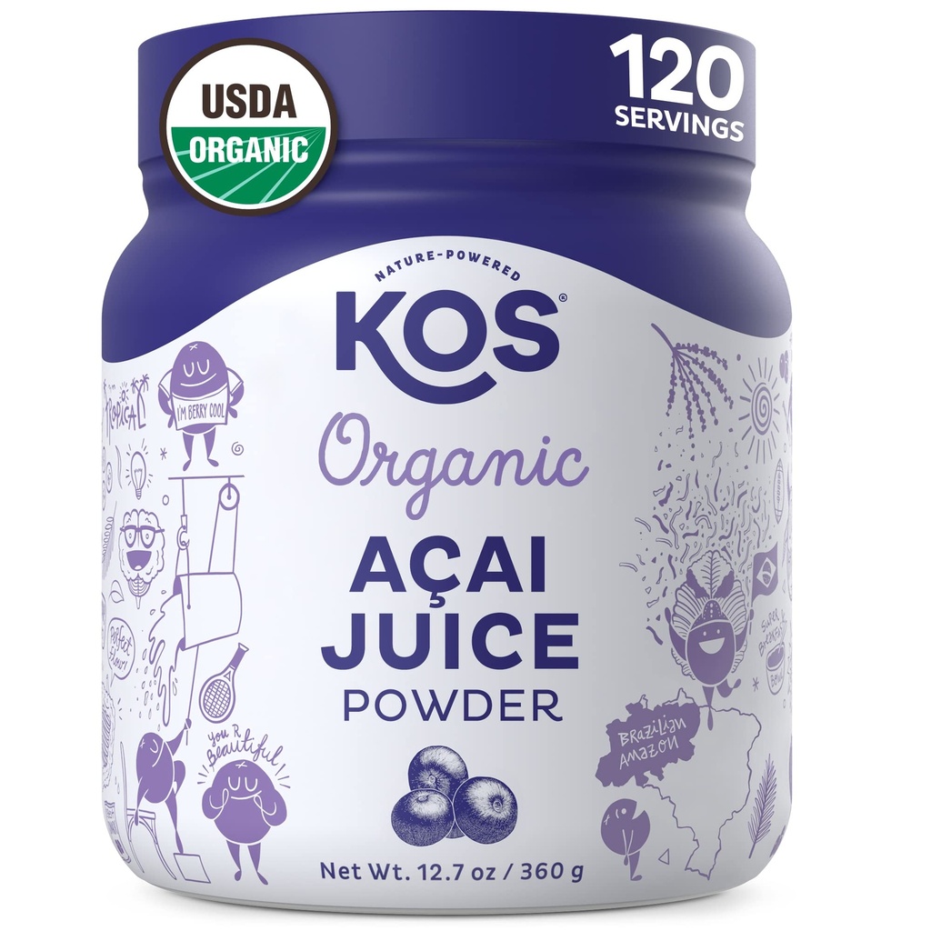 Kos Organic Acai Juice Powder - USDA Certified Organic, Plant Based Superfood Antioxidants, Superberry z Brazílie, Great for Smoothies and Bowls, 0g Sugar, Vegan, Gluten- Free, Non- GMO - 120 Služeb