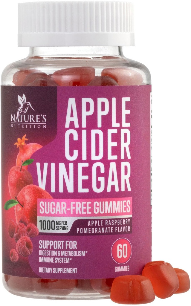 Apple Cider Vinegar Gummies 1000mg per Serving - Sugar Free Max Strength ACV Gummy Vitamins Supplement, Advanced Formula, Vitamin B12 Supports Metabolism & Energy, Keto Friendly, Vegan, 60 Gummies