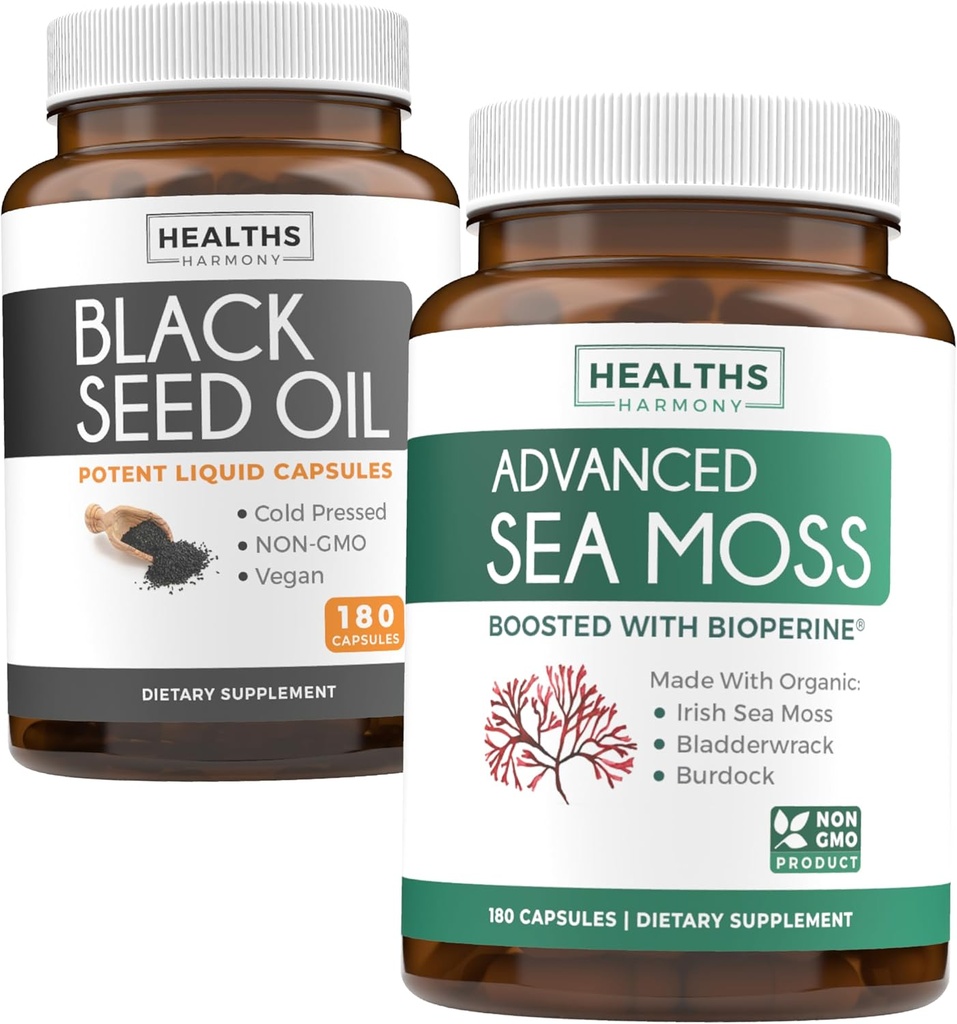 Black Seed Oil & Irish Sea Moss (3-Month Supply) - Power Duo Bundle of Black Seed Oil (180 Kapsle)