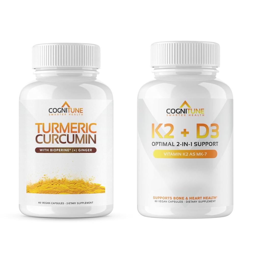 KogniTune Imunitní a kardiovaskulární podpůrný balíček - Vitamin D3 5000IU + Vitamin K2 s kurkuminovým kurkuminem a zázvorem