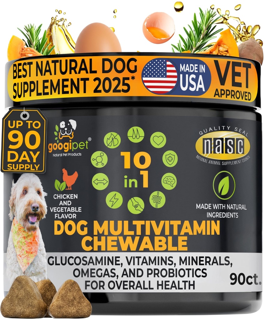 Googipet Premium 10 v 1 Pes Vitamíny Multivitamin Žvýkací s Probiotika pro Gut zdraví, Pes Vitamíny a doplňky w / Vitamin C & Glucosamine pro společnou podporu (Kuřecí a zeleninové aroma)