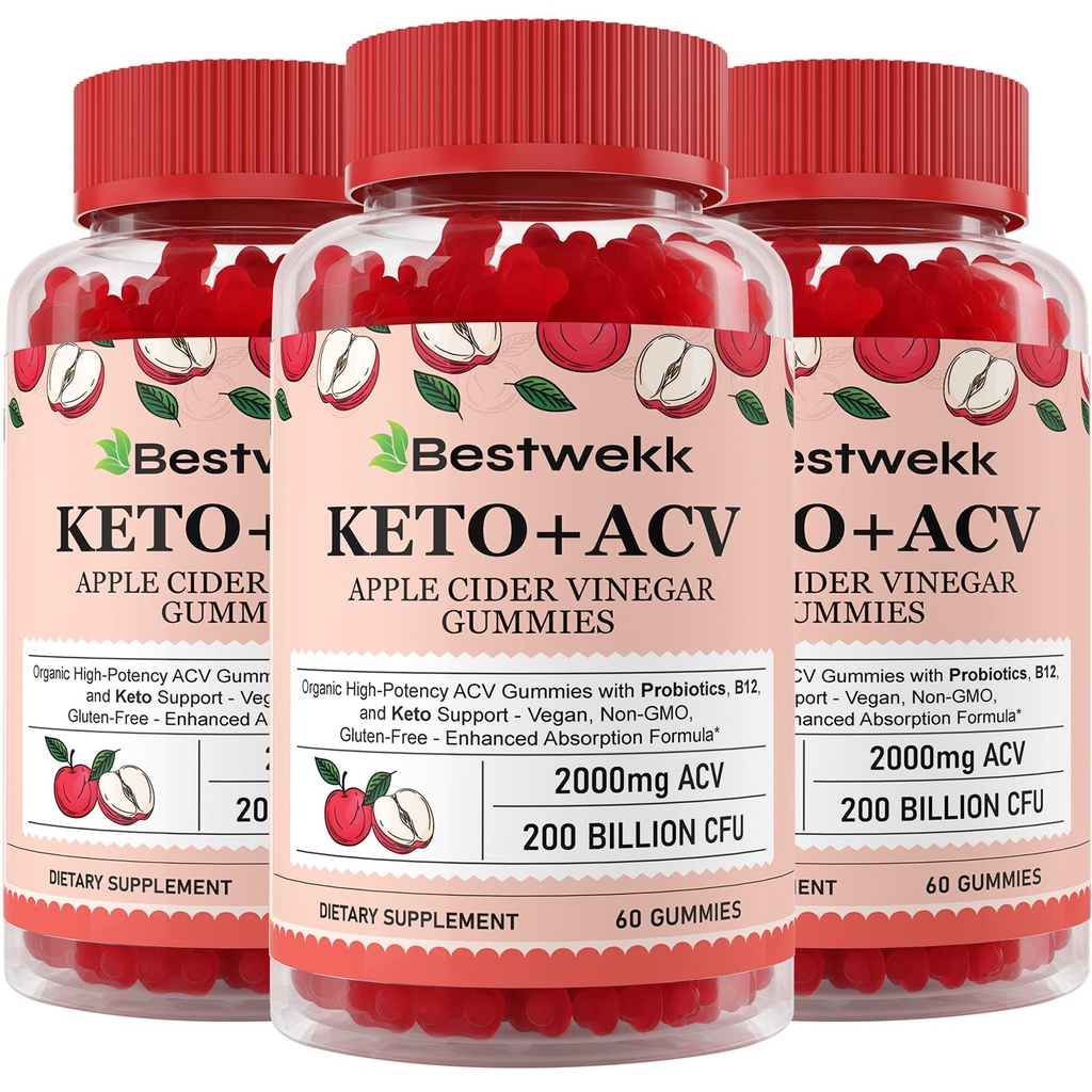 Jablečné octové gumy, Max síla 2000mg ACV Gummy s probiotika, B12 a Keto podpora, pro stravení, metabolismus, Detox, Gut & imunitní zdraví, Gelatin- Free, Non- GMO, 180 keto acv gumies