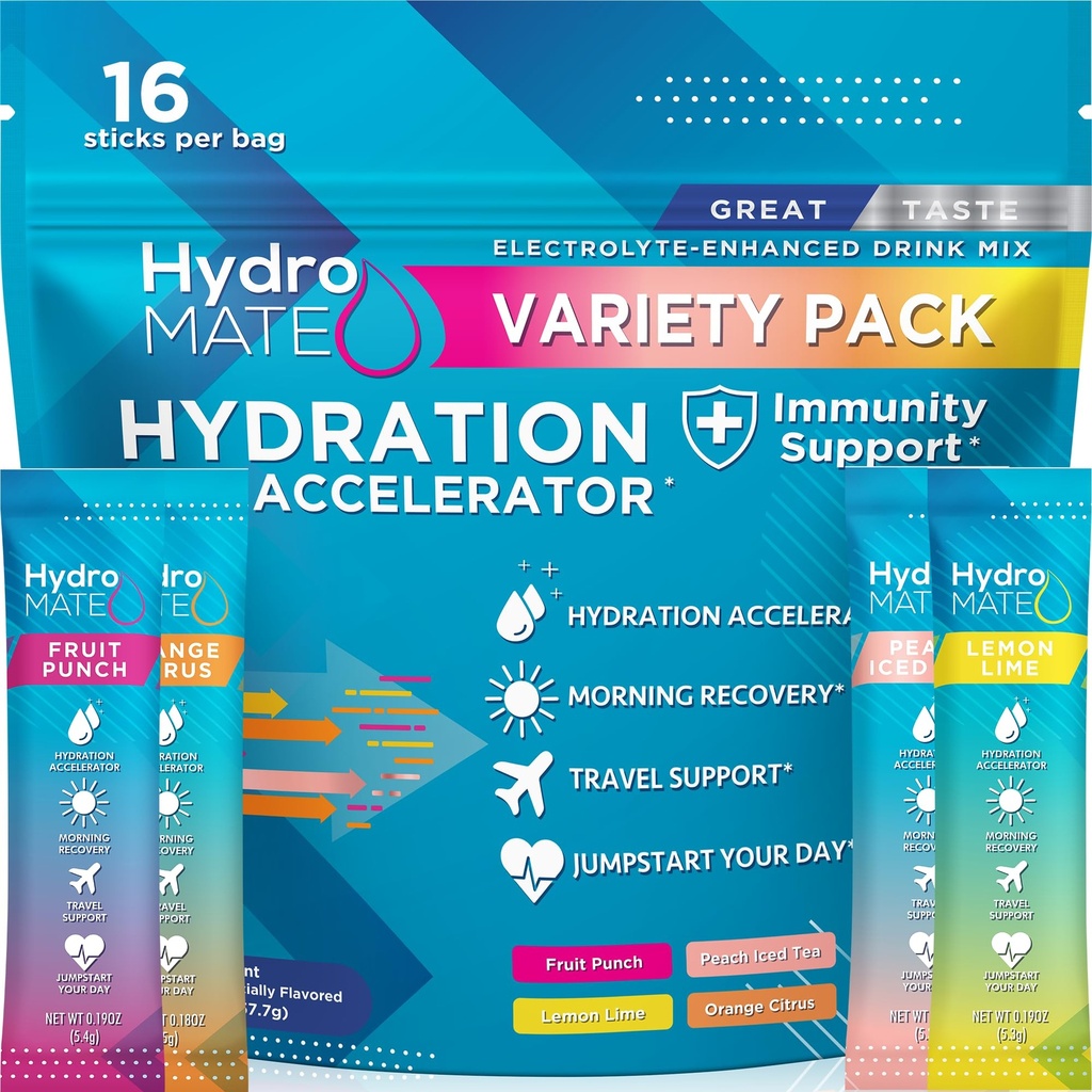 HydroMATE Electrolyte Powder Variety Pack Hydratační balíčky Nízký cukr 16 Počet