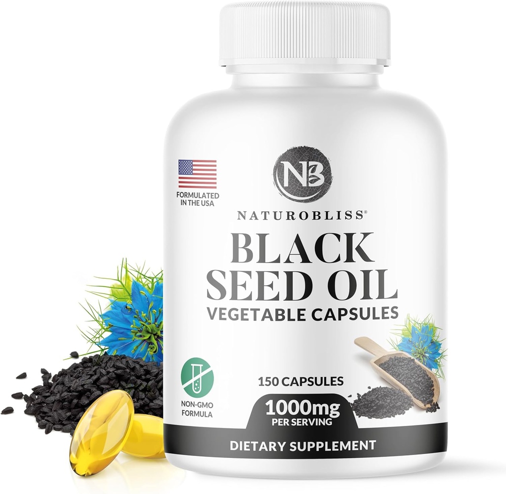 NaturoBliss Black Seed Oil - 150 Softgel Kapsle Kůže Zdraví (Non- GMO & Vegan) Premium Cold- Pressed Nigella Sativa Production Pure Black Cumin Seed Oil - 1000mg Per 2 Capsule Serving - 75 Servings