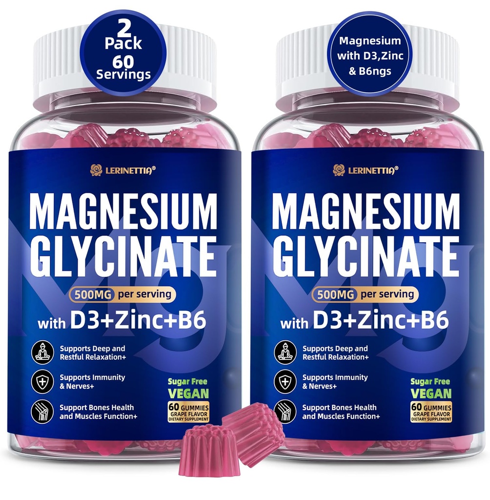 Glycinát hořečnatý 500 mg / 250mg pro dospělé dospívající - plus D3, B6 & zinek - Glycinátové gumy hořčíku, vysoká absorpce - podpora relaxace, mozku, kostí a imunity - bez cukru - 120 Cts