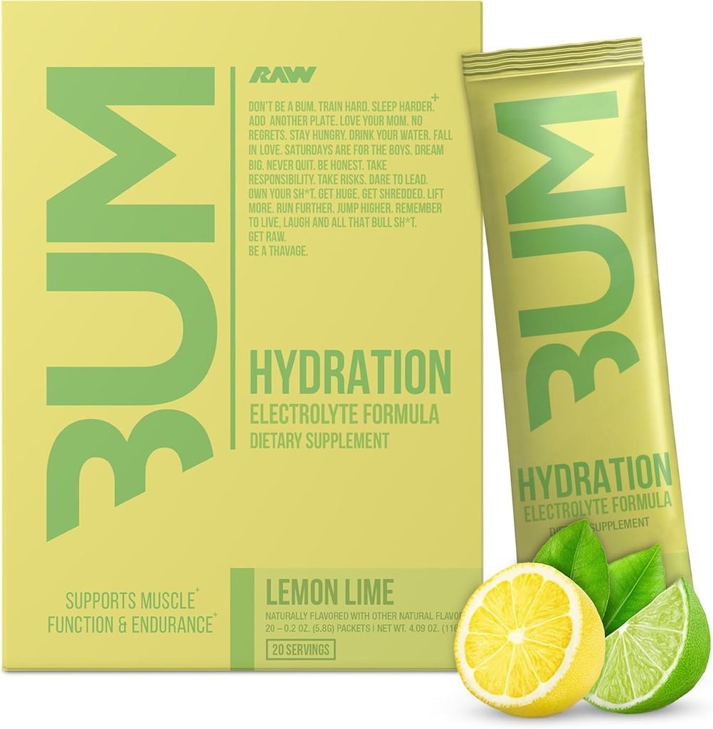 RAW Electrolytes Powder Hydration Drink Mix Packets, Bum Hydrate (Lemon Lime, 20 Servings) - Electrolyte Hydration Packets podporuje svalové funkce a vytrvalost - Keto zdarma Electrolytes Powder Packets
