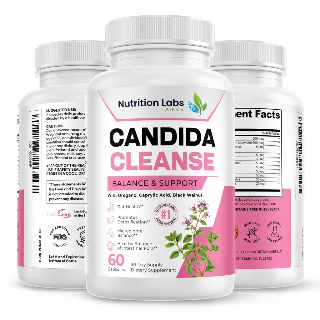 Candida Cleanse dodatek pro Balance & Support, Candidase Detox, Ženy & Muži. Gut Health & Flora, hladina pH, střevní zdraví. Lactospore ® Probiotics. Anti Yeast Overgrowth W / Oregano, Capyl Acid