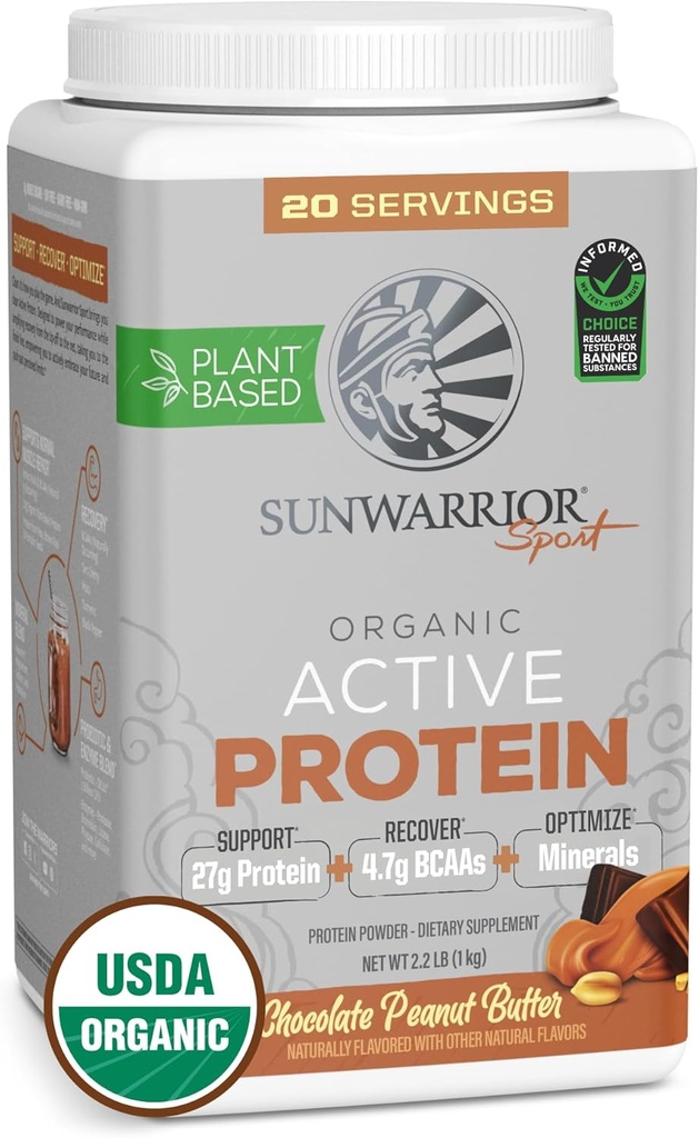 Sunawarner Organic Plant Based Protein Powder 124; Vegan Organic Protein Powder with BCAA Plus Recovery Minerály & Botanicals S124; Non- GMO Soy Dairy & Gluten Free (čokoládové arašídové máslo, 20 Služeb)