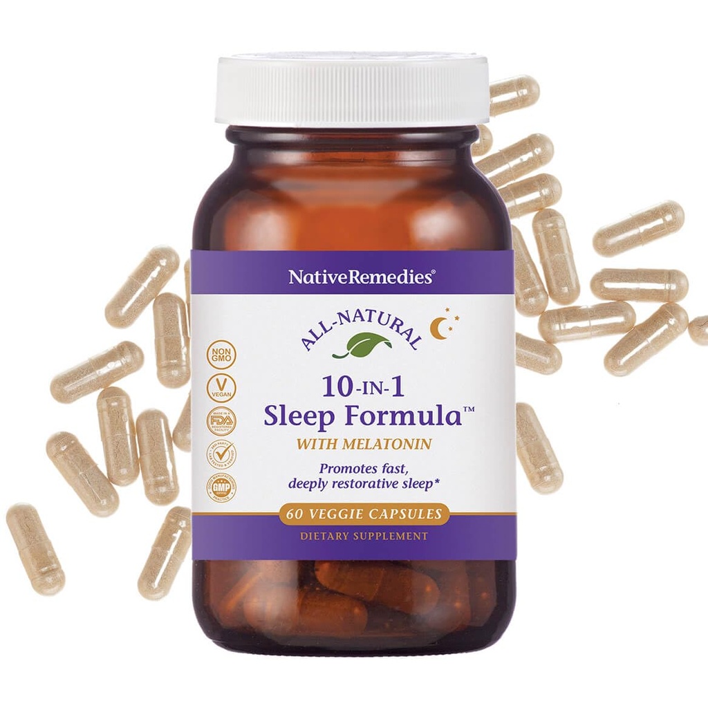 Native Remedies 10- in-1 Přírodní spánková pomoc pro dospělé a děti 4 + - Bylinný spánkový doplněk s melatonin 5mg, hořčík, Valerian Root, Heřmánek & L-Tryptofan - Non- Habit Forming, Vegan, 60 Kapsle
