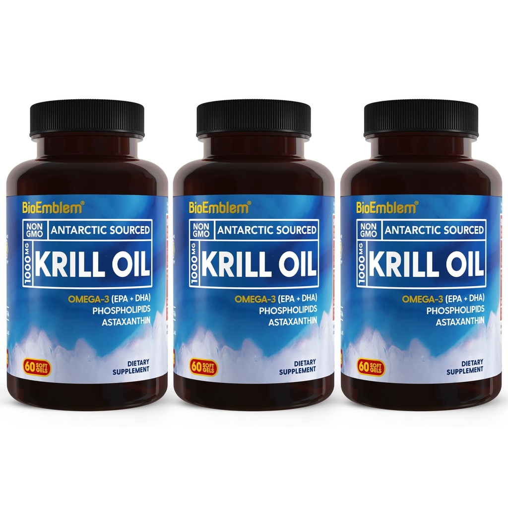 BioEmlem 3 Pack Antarktický krilový olej 1000mg Softgels, Omega-3s Oil s vysokými hladinami EPA + DHA, Astaxanthin, a fosfolipidy, podporuje zdraví mozku, 180-Count Non- GMO, gluten zdarma, 90 dní dodávky