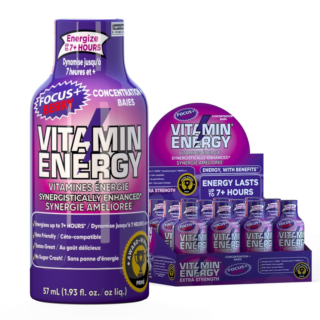 Vitamin Energy Focus + Extra Strength Energy Shot Berry 12 Pack, 260mg přírodní kofein, B-vitaminy, CoQ10, aminokyseliny, Focus, Productivity & Clarity, Nulový cukr, gluten- Free, 1.93 fl oz
