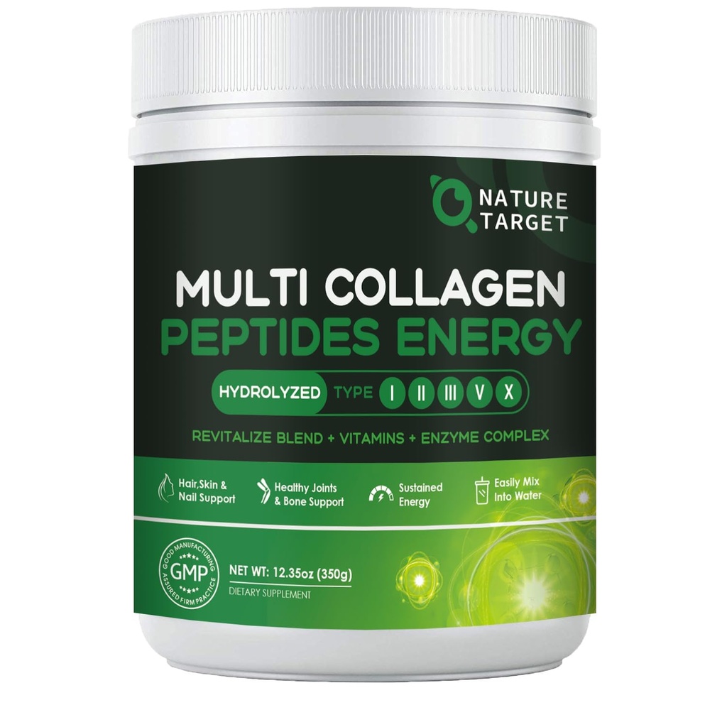 NATURE TARGET Multi- Collagen- Peptides- Prášek - Hydrolyzovaný kolagen s směsí energie + Multivitamin & Minerály, Podporuje Energy Skin Hair Nail & Joint, Non- GMO, 35 Servings
