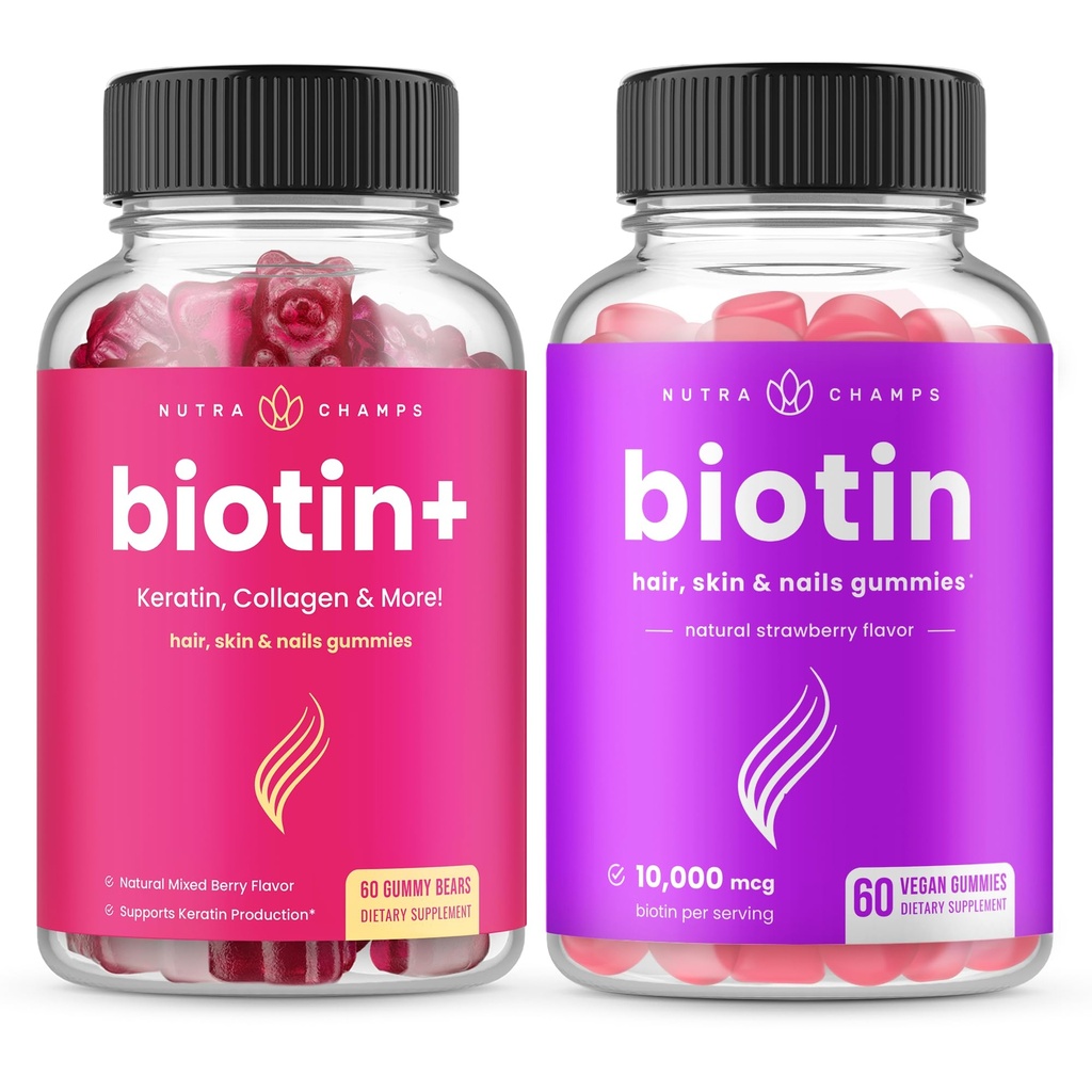 NutraChamps Biotin + & Biotin. Kompletní duo pro vlasy, kůži a nehty.
