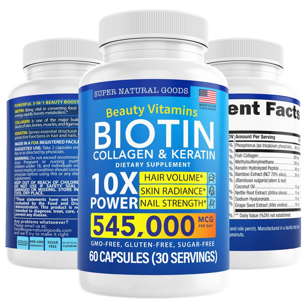 Biotin a kolagen Vitamíny + Keratin s folátem - Léčba vypadávání vlasů pro ženy a muže - Folicle, kůže a nehty doplňky pro růst vlasů a poporodní podpora - GMO zdarma & gluten zdarma (60 Caps)