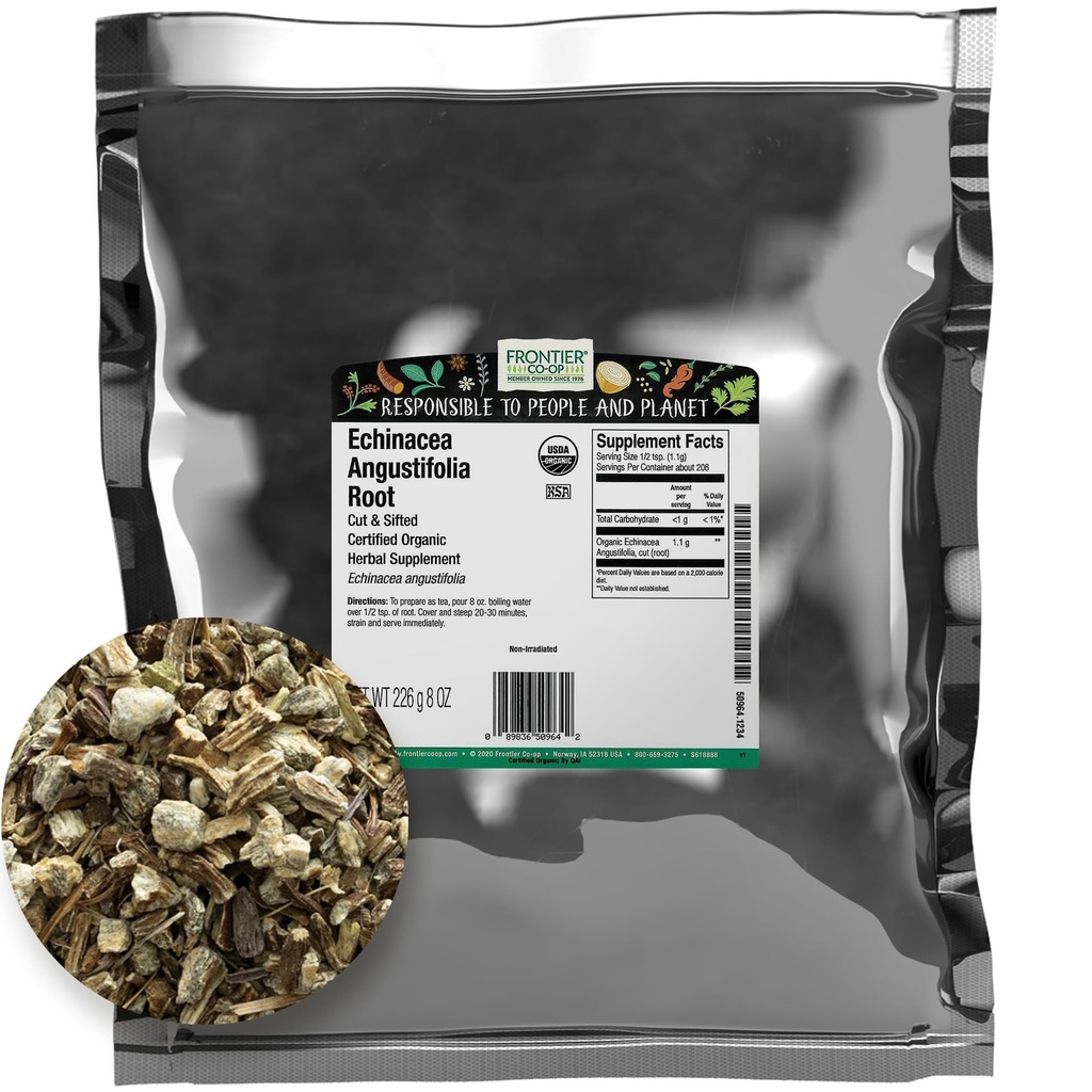 Frontier Co- op Sušený Echinacea Angustifolia Root, Cut and Sifted, 8oz, Certified Organic Echinacea Root - Ideální pro čaj a bylinné recepty, Kosher