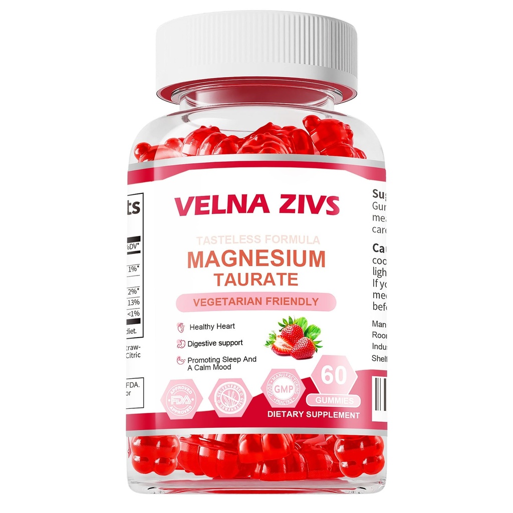 Magnesium Taurate Gummies 1800mg, Magnesium Taurate dodatek, vysoká absorpce a žvýkací pro děti a dospělé, Muscle and Heart Health Support, Vegan, Gluten Free, 60 Counts
