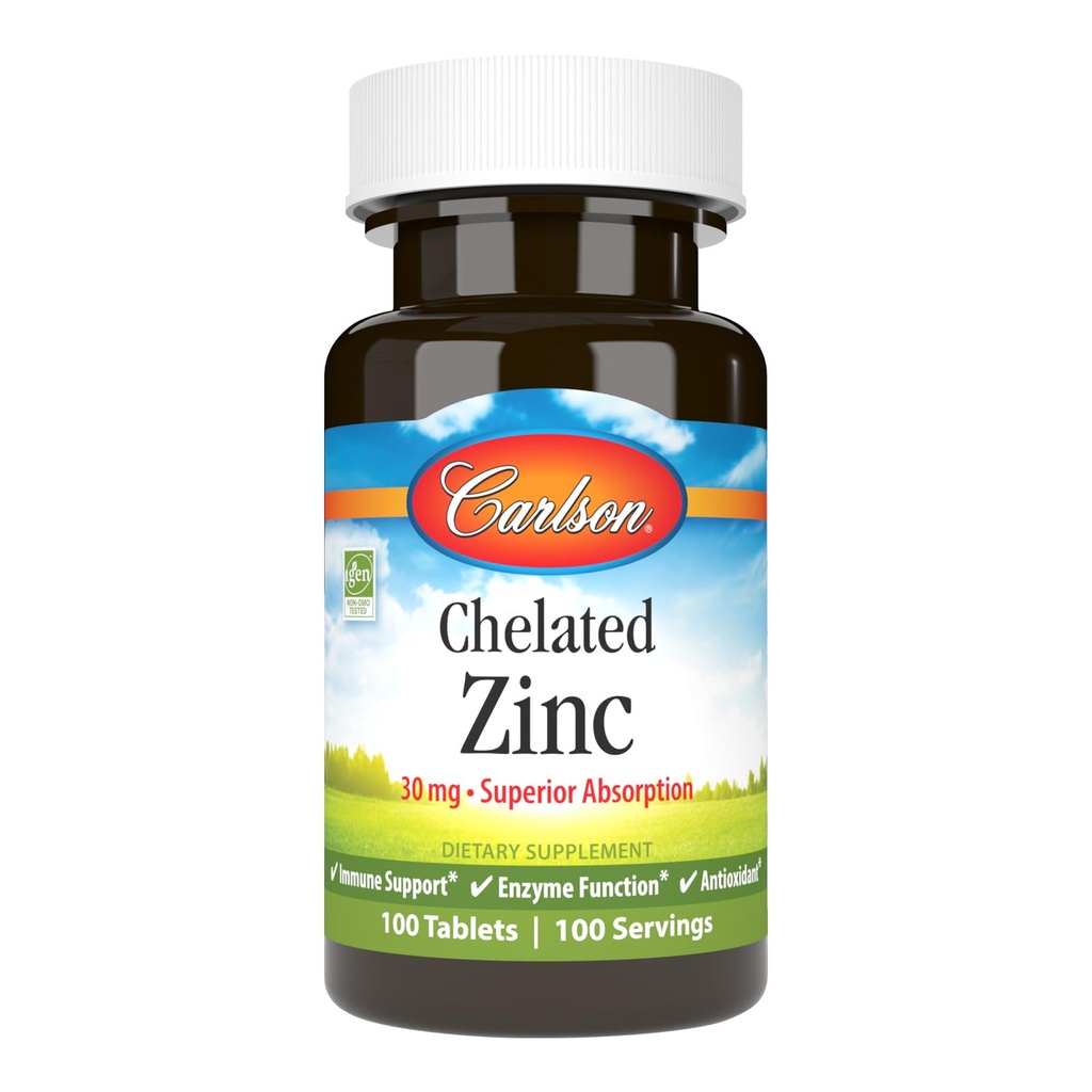 Carlson - Chelated Zinek, 30 mg - Superior Absorpce, imunitní podpora a enzym funkce, Antioxidant, 100 tablet