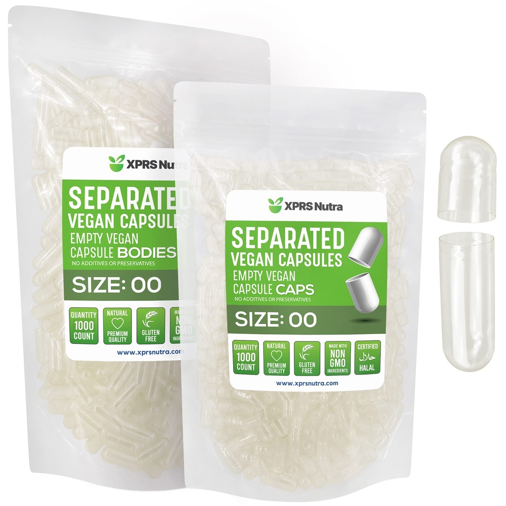 XPRS Nutra Vegan Velikost 00 Oddělené kapsle - 1000 Hrabě Premium Prázdné kapsle Oddělené v sáčcích - Clear Prázdný 00 Pilulky pro DIY Dodatek Náplň