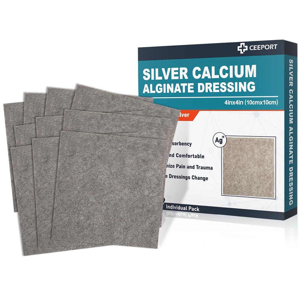 Ag Stříbrné vápníkové Alginátové plechy, 4 "x4" Patches, 10 Individuální balení, Měkké stříbrné Dressings for Wound Care, Gentle Vysoce absorbent dressing, Non Stick Gauze Pads for Wounds