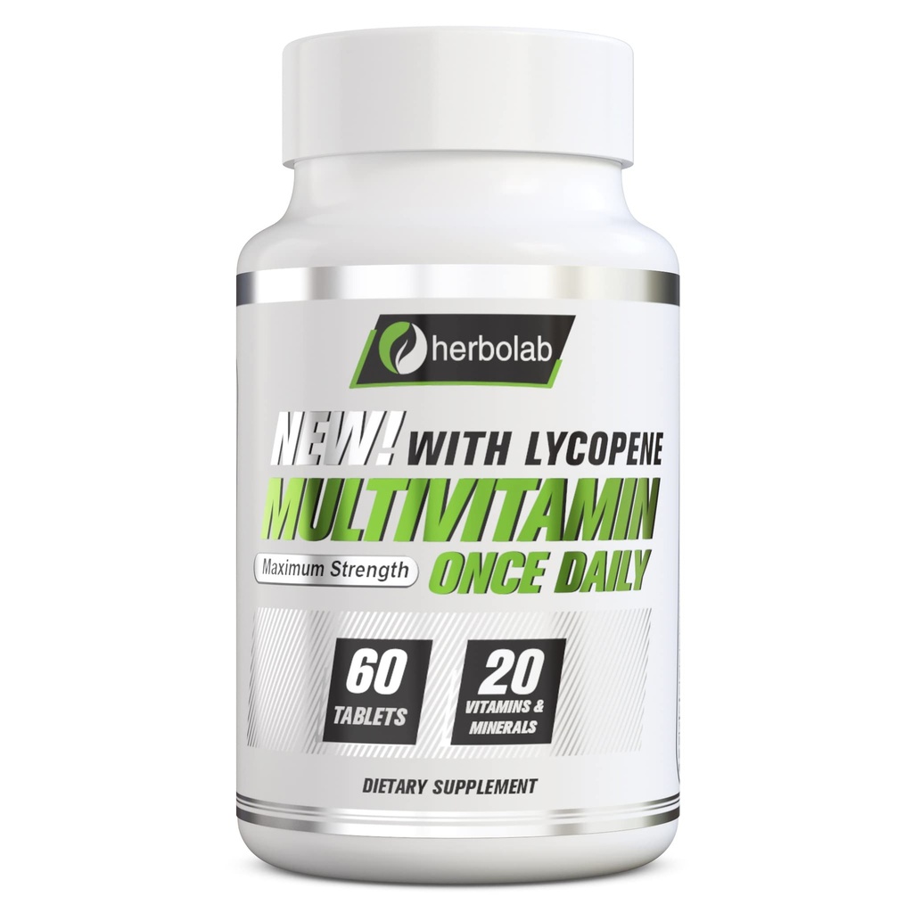 Herbolab Multivitamin Jednou denně, Max Strength Vitamíny A, C, D, E, K, B1, B2, B6, B12, Niacin, vápník, hořčík, zinek, selen, měď, mangan, chrom s lykopenem, 60 Počet 2 Mo Dodávka
