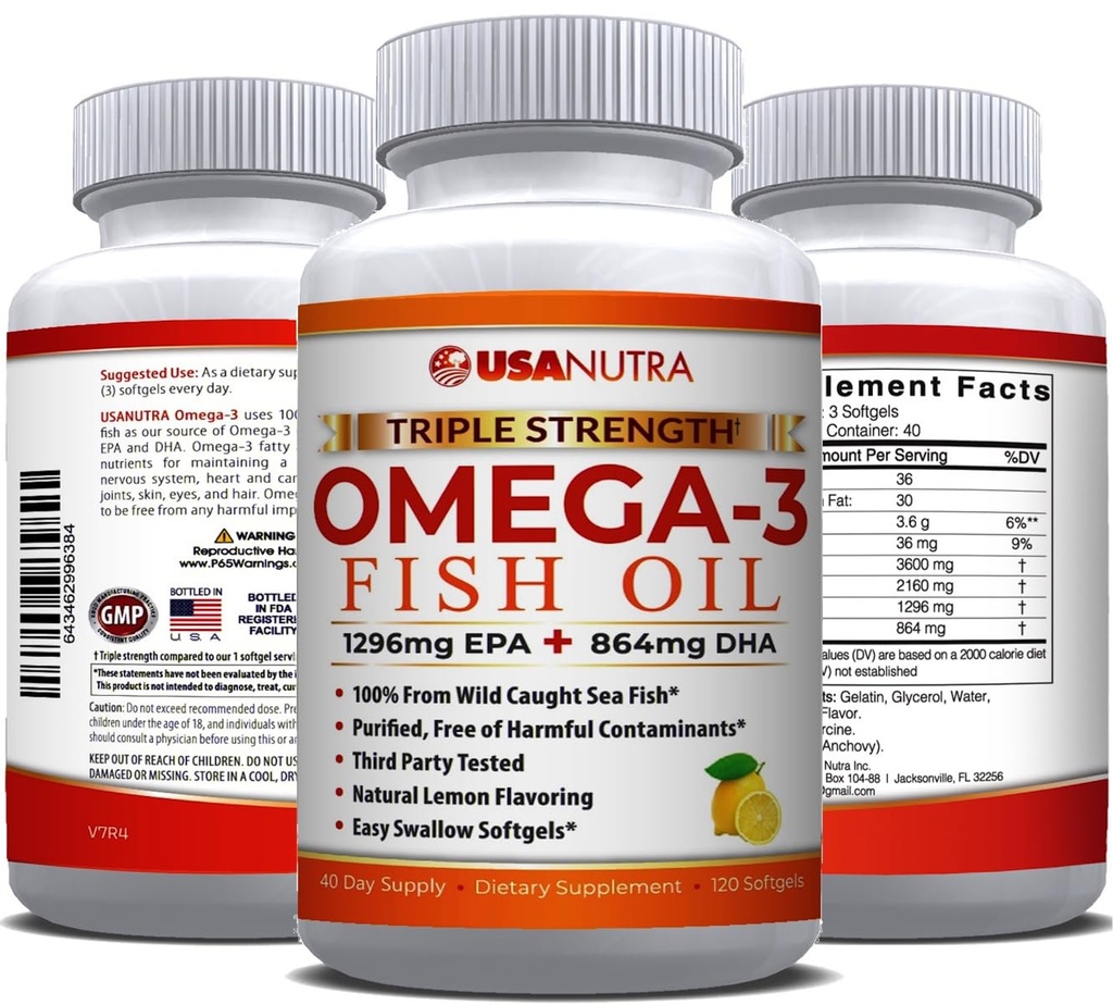 Omega 3 Rybí olej dodatek 3600mg s EPA a DHA pro ženy a muže podporuje společné, Brain and Heart Health 120 Softgels, 40 Day Supply