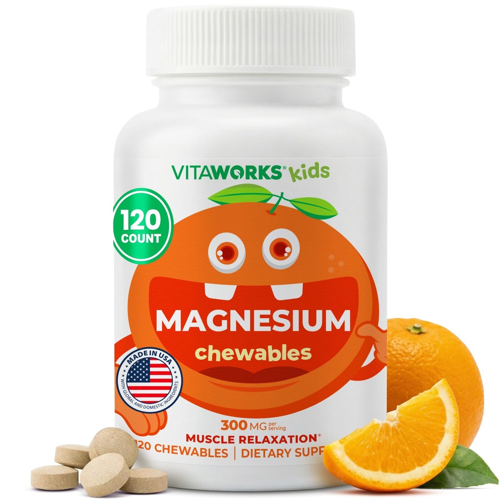 Děti Magnesium Žvýkací 124; Velké Ochutnávání 124; 300mg doplněk hořčíku 124; Vegan, non GMO a gluten Free Magnesium Oxide Dodatek 124; pro svalové funkce 124; 120 Žvýkačky 124; Vitaworks