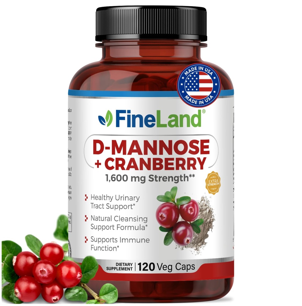 FineLand D- Mannose + Cranberry - 1600mg per Serving - 120 Veganských kapslí - Podpora zdraví močových cest a močových měchýřů - Non- GMO, Bezlepkové, Made in USA