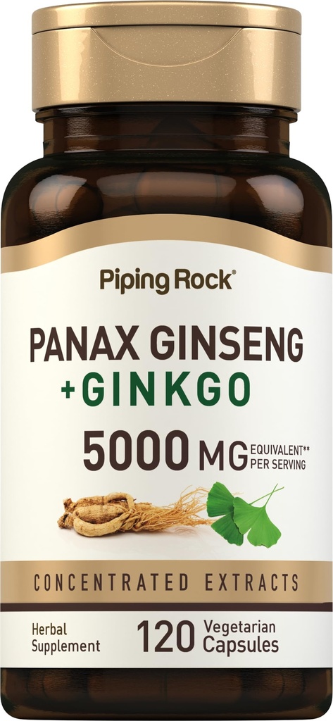 Piping Rock Panax Ginseng & Ginkgo Biloba dodatek 124; 5000 mg CLAS124; 120 kapsle 124; s Black Pepper Extract CLAS124; Vegetarian, Non- GMO, a gluten zdarma dodatek